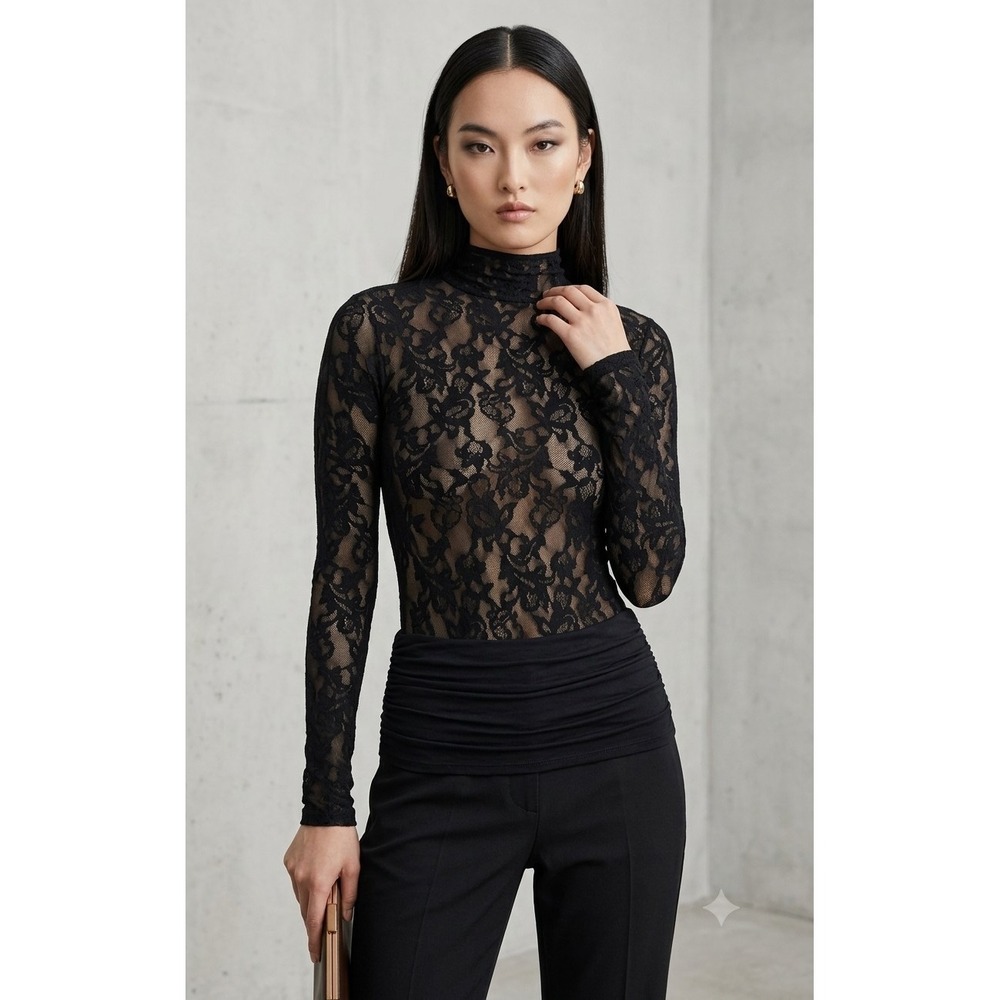 New SKIMS Knit Lace Bodysuit Black Onyx S/M Small M Long Sleeve Mock Turtleneck
